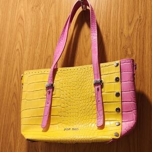 Pop Bag By J&C Made In Italy Yellow and Pink Croc-Embossed Tote